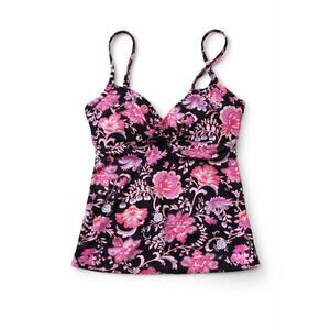 Lands End Tankini Top Black Pink Floral Paisley Underwire Swim 450207 Sz 14